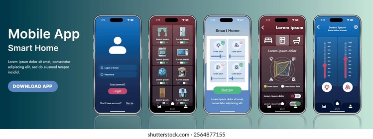 A sleek smart home application interface template featuring modern icons and a gradient design. Includes navigation menus for managing devices, monitoring security, controlling temperature