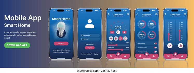 A sleek smart home application interface template featuring modern icons and a gradient design. Includes navigation menus for managing devices, monitoring security, controlling temperature