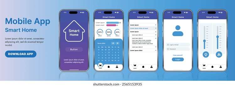 A sleek smart home application interface template featuring modern icons and a gradient design. Includes navigation menus for managing devices, monitoring security, controlling temperature