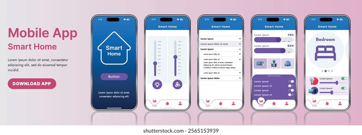 A sleek smart home application interface template featuring modern icons and a gradient design. Includes navigation menus for managing devices, monitoring security, controlling temperature