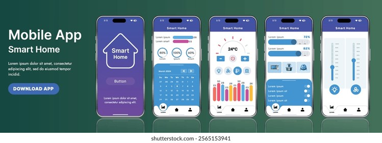 A sleek smart home application interface template featuring modern icons and a gradient design. Includes navigation menus for managing devices, monitoring security, controlling temperature