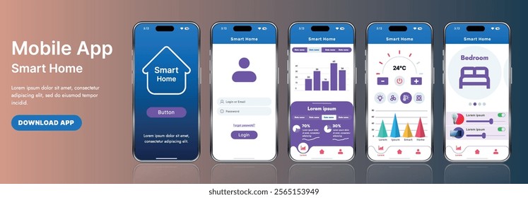 A sleek smart home application interface template featuring modern icons and a gradient design. Includes navigation menus for managing devices, monitoring security, controlling temperature