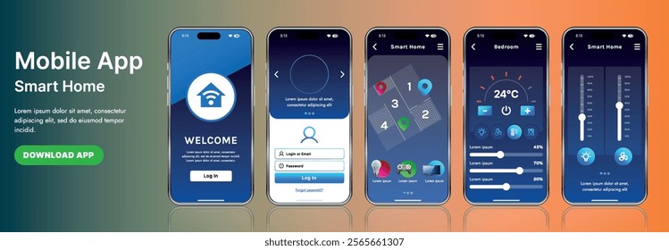 A sleek smart home application interface template featuring modern icons and a gradient design. Includes navigation menus for managing devices, monitoring security, controlling temperature