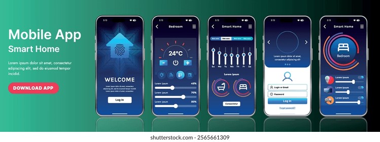 A sleek smart home application interface template featuring modern icons and a gradient design. Includes navigation menus for managing devices, monitoring security, controlling temperature