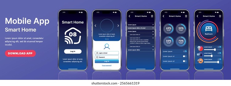 A sleek smart home application interface template featuring modern icons and a gradient design. Includes navigation menus for managing devices, monitoring security, controlling temperature