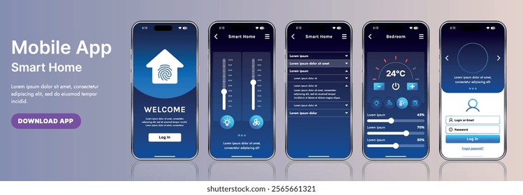 A sleek smart home application interface template featuring modern icons and a gradient design. Includes navigation menus for managing devices, monitoring security, controlling temperature