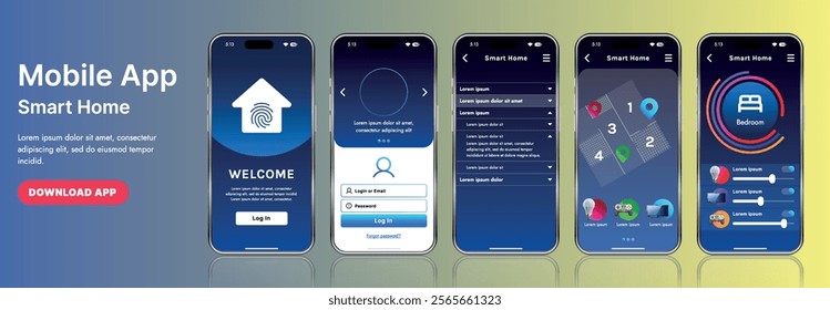 A sleek smart home application interface template featuring modern icons and a gradient design. Includes navigation menus for managing devices, monitoring security, controlling temperature