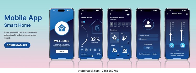 A sleek smart home application interface template featuring modern icons and a gradient design. Includes navigation menus for managing devices, monitoring security, controlling temperature