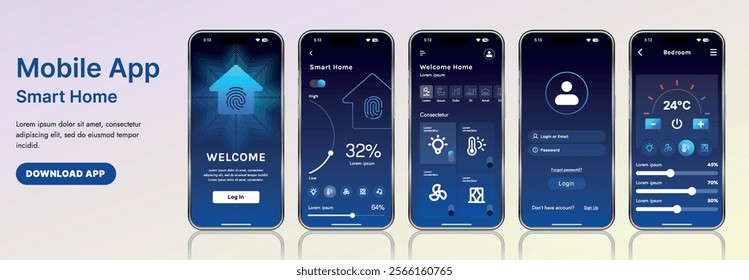A sleek smart home application interface template featuring modern icons and a gradient design. Includes navigation menus for managing devices, monitoring security, controlling temperature