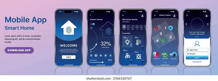 A sleek smart home application interface template featuring modern icons and a gradient design. Includes navigation menus for managing devices, monitoring security, controlling temperature