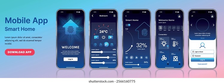 A sleek smart home application interface template featuring modern icons and a gradient design. Includes navigation menus for managing devices, monitoring security, controlling temperature