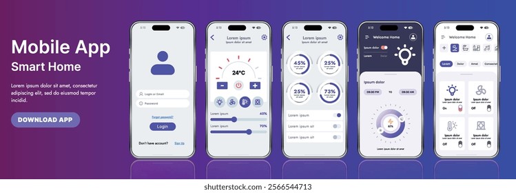 A sleek smart home application interface template featuring modern icons and a gradient design. Includes navigation menus for managing devices, monitoring security, controlling temperature