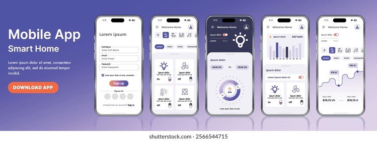 A sleek smart home application interface template featuring modern icons and a gradient design. Includes navigation menus for managing devices, monitoring security, controlling temperature