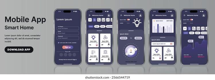 A sleek smart home application interface template featuring modern icons and a gradient design. Includes navigation menus for managing devices, monitoring security, controlling temperature