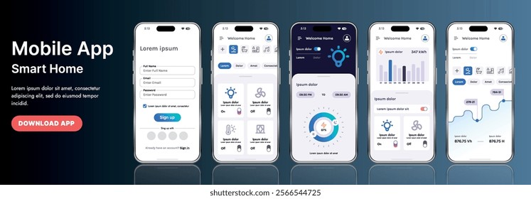 A sleek smart home application interface template featuring modern icons and a gradient design. Includes navigation menus for managing devices, monitoring security, controlling temperature