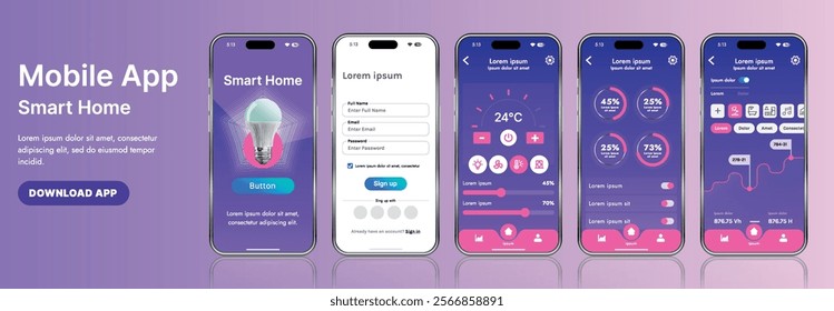 A sleek smart home application interface template featuring modern icons and a gradient design. Includes navigation menus for managing devices, monitoring security, controlling temperature
