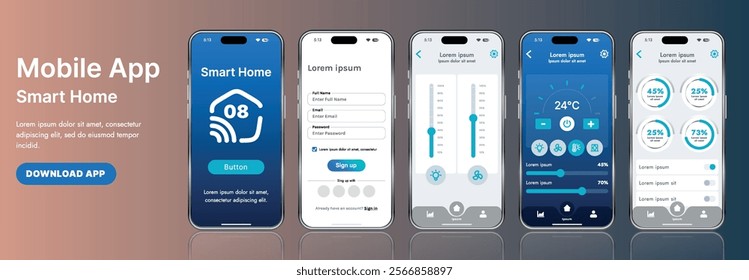 A sleek smart home application interface template featuring modern icons and a gradient design. Includes navigation menus for managing devices, monitoring security, controlling temperature