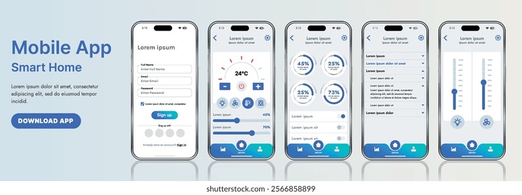A sleek smart home application interface template featuring modern icons and a gradient design. Includes navigation menus for managing devices, monitoring security, controlling temperature