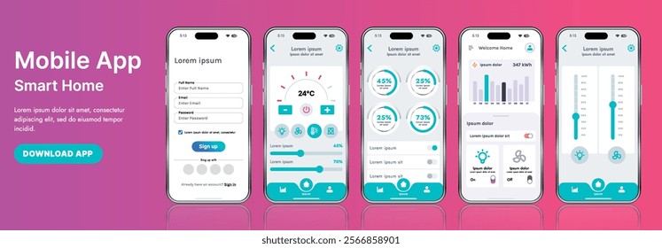 A sleek smart home application interface template featuring modern icons and a gradient design. Includes navigation menus for managing devices, monitoring security, controlling temperature