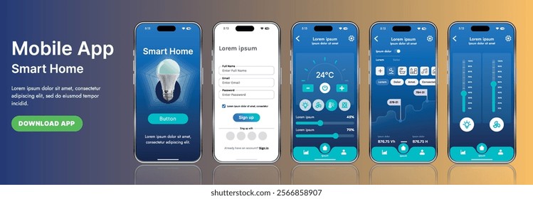 A sleek smart home application interface template featuring modern icons and a gradient design. Includes navigation menus for managing devices, monitoring security, controlling temperature