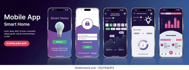 A sleek smart home application interface template featuring modern icons and a gradient design. Includes navigation menus for managing devices, monitoring security, controlling temperature