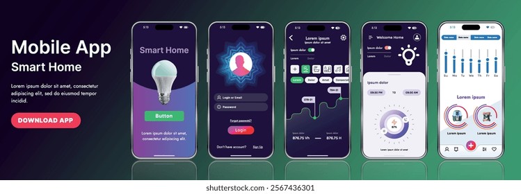 A sleek smart home application interface template featuring modern icons and a gradient design. Includes navigation menus for managing devices, monitoring security, controlling temperature