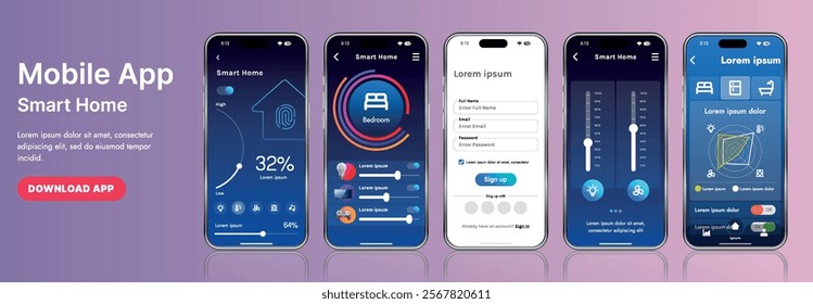 A sleek smart home application interface template featuring modern icons and a gradient design. Includes navigation menus for managing devices, monitoring security, controlling temperature