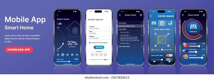 A sleek smart home application interface template featuring modern icons and a gradient design. Includes navigation menus for managing devices, monitoring security, controlling temperature