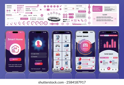 A sleek smart home application interface template featuring modern icons and a gradient design. Includes navigation menus for managing devices, monitoring security, controlling temperature