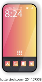 A sleek smartphone home screen mockup featuring a warm gradient background in pink and yellow hues, with simple and minimalist icons on a black dock