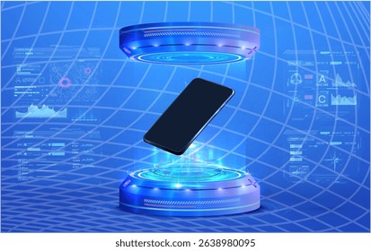 A sleek smartphone hovers in a glowing circular platform surrounded by dynamic holographic data visualizations. This advanced setup suggests cutting-edge technology and innovation.