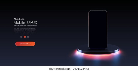 Sleek Smartphone with Neon Glow on a Futuristic Circular Platform - High-Tech Mobile Concept. Realistic 3D smartphone mockup on futuristic podium isolated on black background with neon light effect.