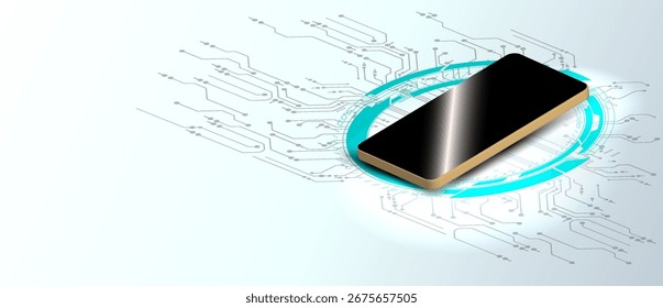 Ein schlankes Smartphone basiert auf einem digitalen Schaltungsmuster, das moderne Technologie und Innovation symbolisiert. Das Design konzentriert sich auf Konnektivität in einem futuristischen Kontext.