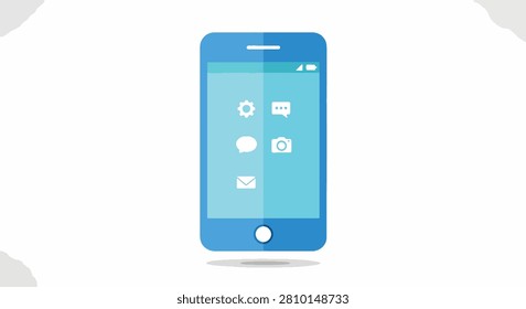 A sleek smartphone with a vibrant blue screen showing various app icons against a plain white backdrop