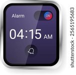 A sleek smartwatch alarm interface design featuring a toggle switch, time display, and alarm icon on a gradient purple background.