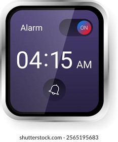 A sleek smartwatch alarm interface design featuring a toggle switch, time display, and alarm icon on a gradient purple background.