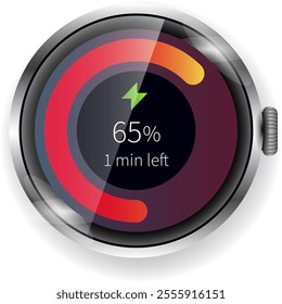 A sleek smartwatch charging interface displaying real time progress with a vibrant gradient arc and percentage indicator.