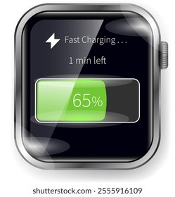 A sleek smartwatch face displaying fast charging progress with a vibrant green battery level indicator