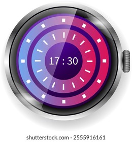 A sleek smartwatch face featuring a minimalist circular design with vibrant gradient rings and a central digital time display