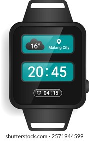 A sleek smartwatch interface featuring a clear display of the current time, weather with temperature, and location in Malang City, along with an alarm indicator