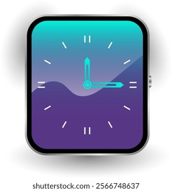 A sleek smartwatch interface featuring a gradient background and minimalist analog clock with vibrant cyan and purple tones