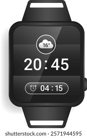 A sleek smartwatch interface featuring a minimalist black design, showing the current time, weather with a temperature icon, and an alarm countdown