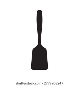 A sleek, solid black spatula silhouette stands upright against a plain, light-colored background. The spatula features a broad, flat head and a narrow handle, rendered with a matte finish and no addit.