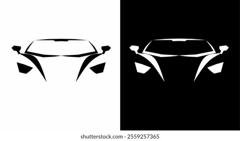 A sleek sports car front view in black and white vector style, featuring sharp lines, symmetry, and high contrast. Perfect for automotive design, logos, and branding.