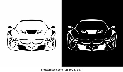 A sleek sports car front view in black and white vector style, featuring sharp lines, symmetry, and high contrast. Perfect for automotive design, logos, and branding.