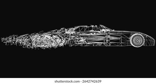 A sleek sports car rendered in black and white wireframe style, featuring detailed headlights, grille, and wheels against a dark background. The minimalist design highlights the car's dynamic.
