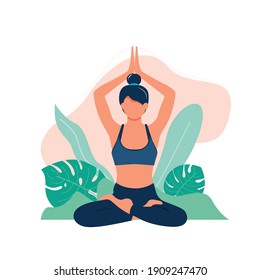 A sleek and sporty young woman does yoga and fitness training. Haya live healthy. Cartoon character of woman doing yoga on flower background.