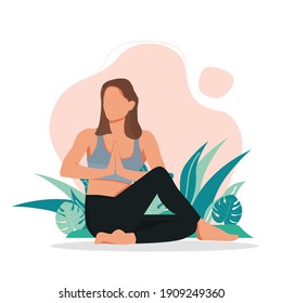 A sleek, sporty young woman wearing a purple tracksuits does yoga and fitness training. Haya live healthy. Cartoon character of woman doing yoga on flower background.