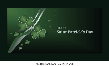 A sleek St. Patrick's Day greeting card featuring green clovers and a subtle floral design set against a dark green background, celebrating Irish tradition and good fortune