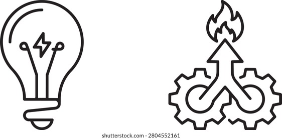 Sleek strategy planning icons depicting an energetic lightbulb with a high-voltage lightning bolt symbol and an upward moving gear path splitting into two arrows. Perfect for business consulting innovation, creative brainstorming agencies, and workflow optimization tactics.